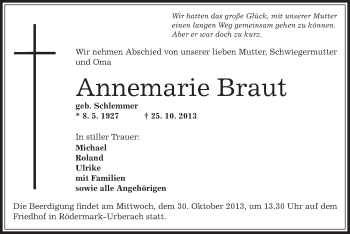 Traueranzeige von Annemarie Braut von Offenbach