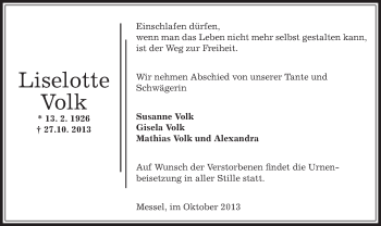 Traueranzeige von Liselotte Volk von Offenbach