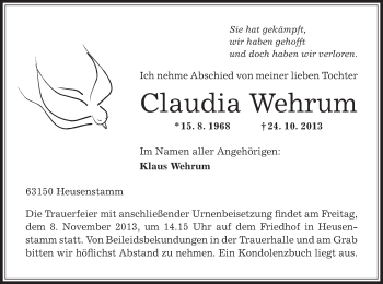 Traueranzeige von Claudia Wehrum von Offenbach