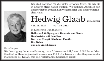 Traueranzeige von Hedwig Glaab von Offenbach