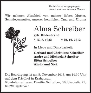 Traueranzeige von Alma Schreiber von Offenbach