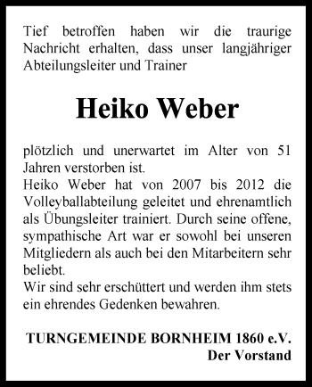 Traueranzeige von Heiko Weber von Offenbach