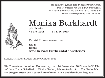 Traueranzeige von Monika Burkhardt von Offenbach