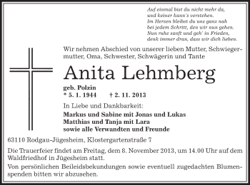 Traueranzeige von Anita Lehmberg von Offenbach