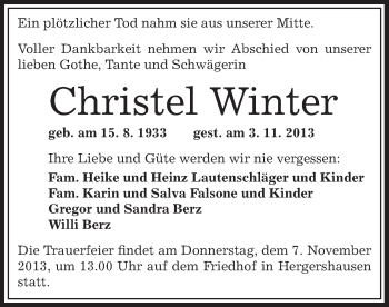 Traueranzeige von Christel Winter von Offenbach