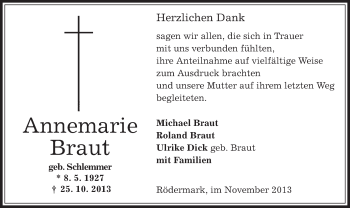 Traueranzeige von Annemarie Braut von Offenbach