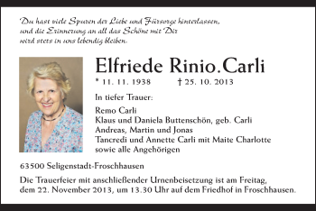 Traueranzeige von Elfriede Rinio-Carli von Offenbach