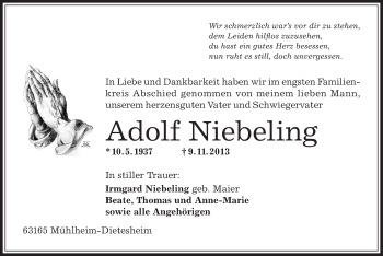 Traueranzeige von Adolf Niebeling von Offenbach