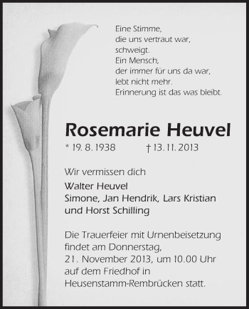 Traueranzeige von Rosemarie Heuvel von Offenbach