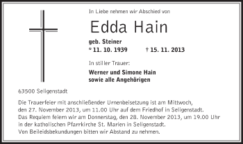 Traueranzeige von Edda Hain von Offenbach