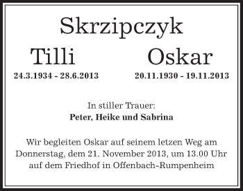 Traueranzeige von Tilli und Oskar  von Offenbach