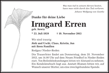 Traueranzeige von Irmgard Erren von Offenbach