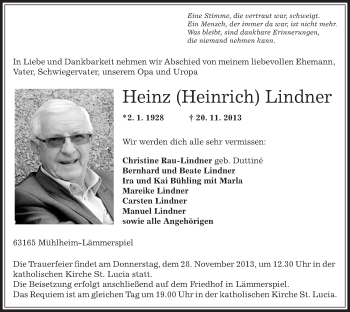 Traueranzeige von Heinz Lindner von Offenbach