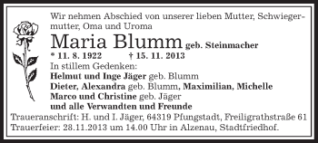 Traueranzeige von Maria Blumm von Offenbach