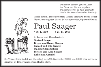 Traueranzeige von Paul Saager von Offenbach