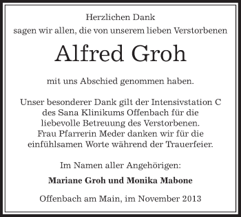 Traueranzeige von Alfred Groh von Offenbach