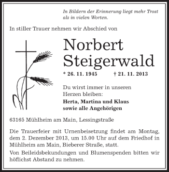 Traueranzeige von Norbert Steigerwald von Offenbach