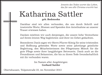 Traueranzeige von Katharina Sattler von Offenbach