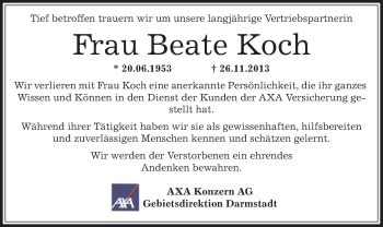 Traueranzeige von Beate Koch von Offenbach