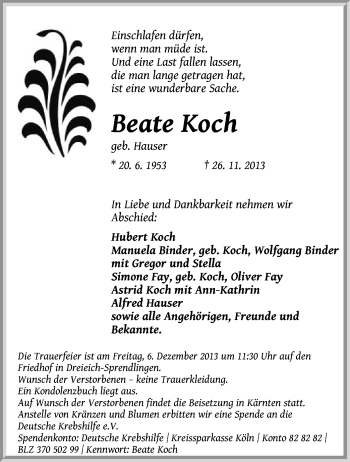 Traueranzeige von Beate Koch von Offenbach