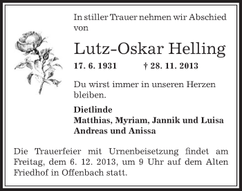 Traueranzeige von Lutz-Oskar Helling von Offenbach