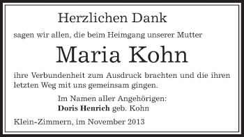 Traueranzeige von Maria Kohn von Offenbach