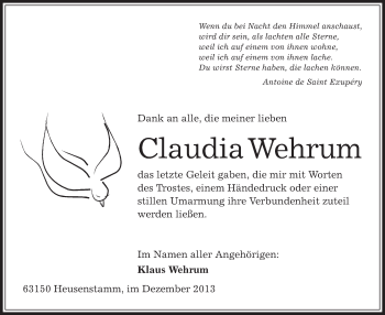 Traueranzeige von Claudia Wehrum von Offenbach