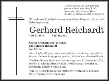 Traueranzeige von Gerhard Reichardt von Offenbach