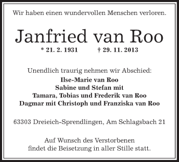 Traueranzeige von Janfried van Roo von Offenbach