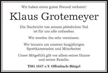 Traueranzeige von Klaus Grotemeyer von Offenbach