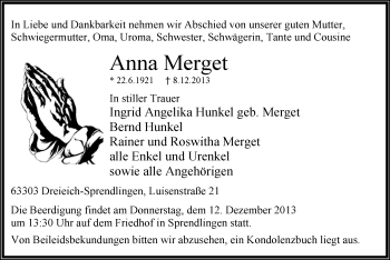 Traueranzeige von Anna Merget von Offenbach