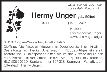 Traueranzeige von Hermy Unger von Offenbach