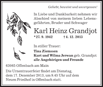 Traueranzeige von Karl Heinz Grandjot von Rheinmain