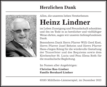 Traueranzeige von Heinz Lindner von Offenbach