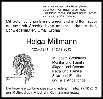 Traueranzeige von Helga Millmann von Offenbach