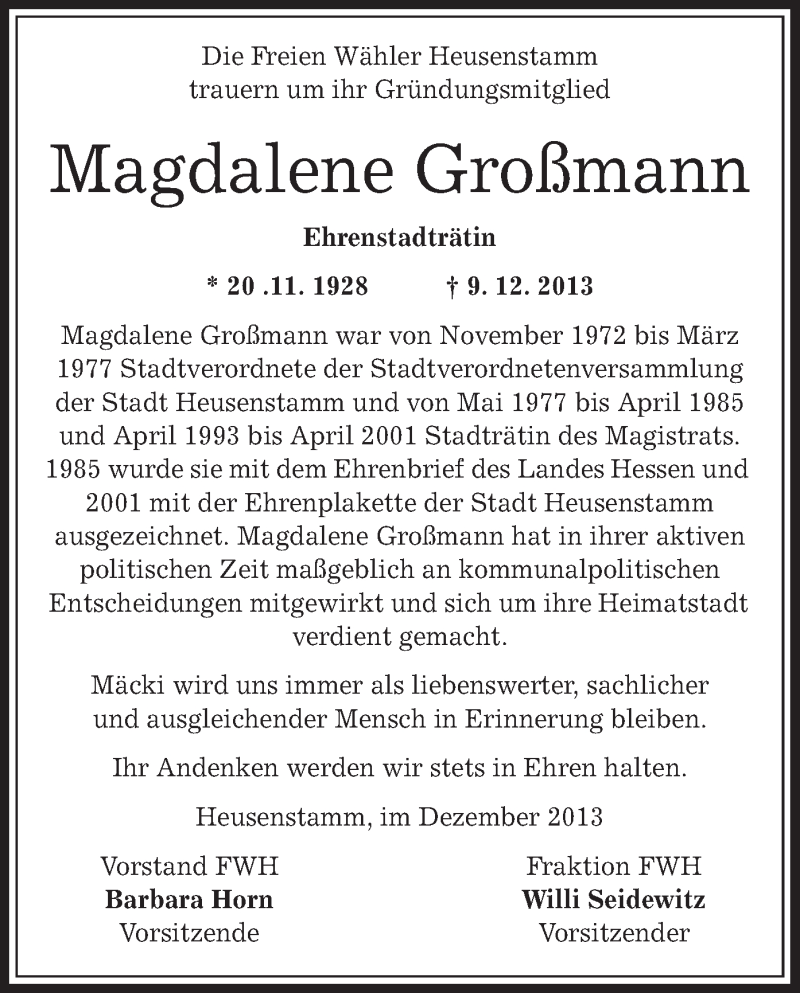 Traueranzeigen von Magdalene Großmann | trauer.op-online.de
