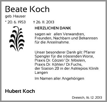 Traueranzeige von Beate Koch von Offenbach