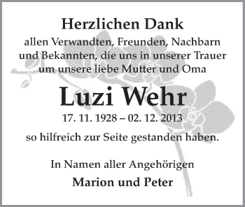 Traueranzeige von Luzi Wehr von Offenbach