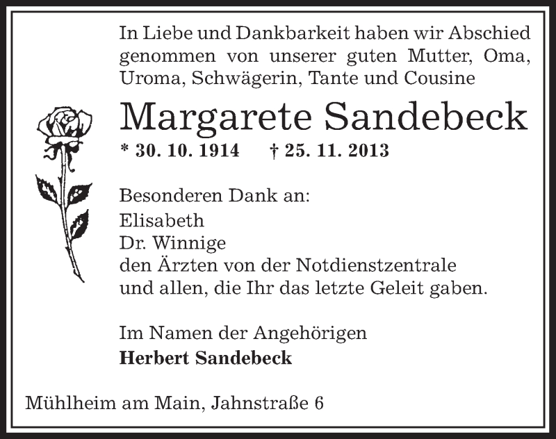  Traueranzeige für Margarete Sandebeck vom 28.12.2013 aus Offenbach