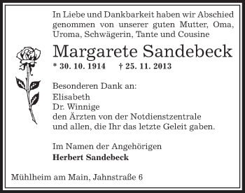 Traueranzeige von Margarete Sandebeck von Offenbach