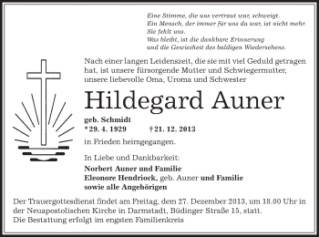 Traueranzeige von Hildegard Auner von Offenbach