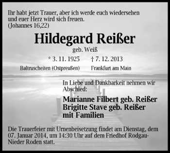 Traueranzeige von Hildegard Reißer von Offenbach