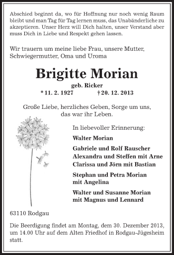 Traueranzeige von Brigitte Morian von Offenbach