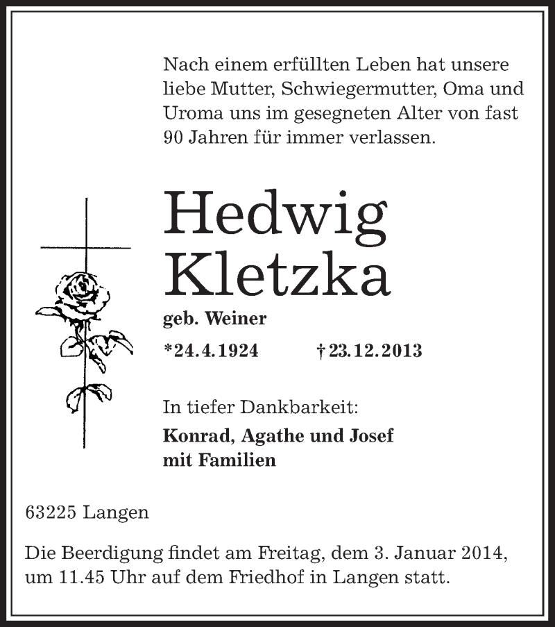 Traueranzeige für Hedwig Kletzka vom 31.12.2013 aus Offenbach