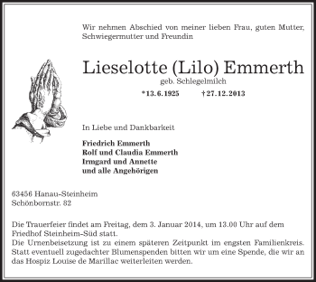 Traueranzeige von Lieselotte Emmerth von Offenbach