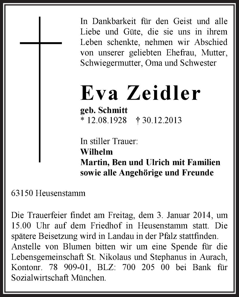  Traueranzeige für Eva Zeidler vom 02.01.2014 aus Offenbach