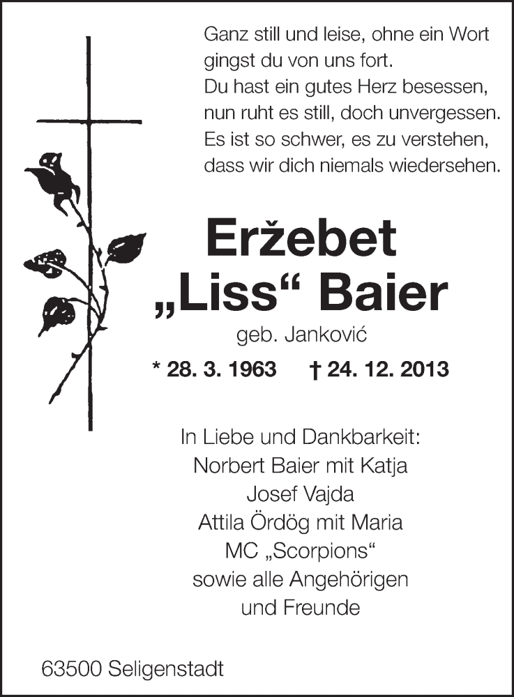  Traueranzeige für Erzebet Baier vom 04.01.2014 aus Offenbach