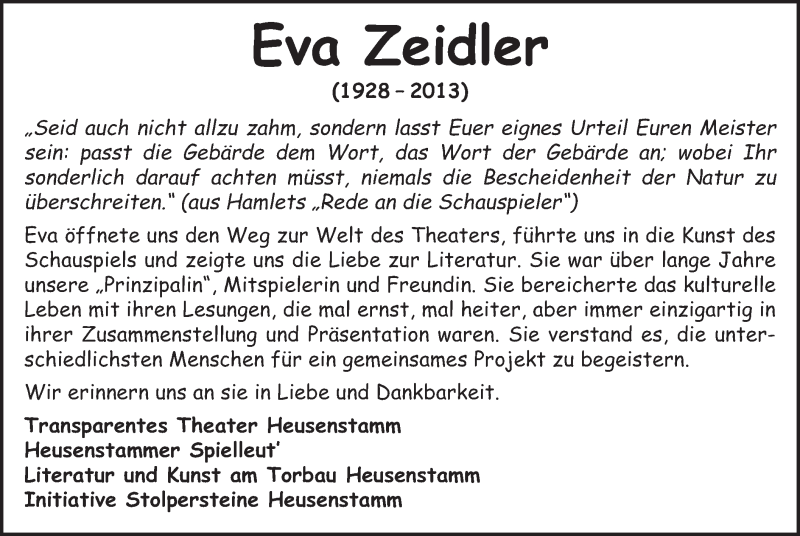  Traueranzeige für Eva Zeidler vom 04.01.2014 aus Offenbach
