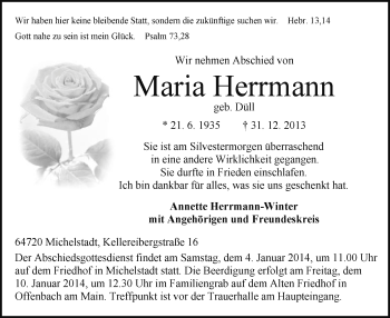 Traueranzeige von Maria Herrmann von Offenbach