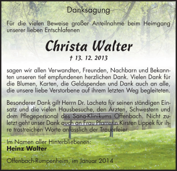 Traueranzeige von Christa Walter von Offenbach